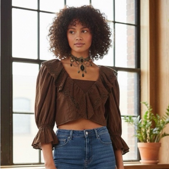 Express Brown Ruffled Blouse - Picture 1 of 5
